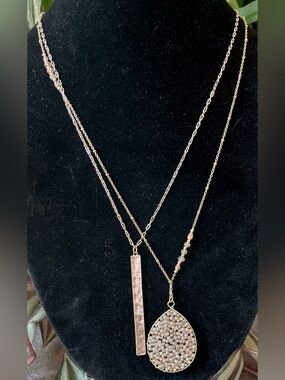 Layered Gold-Tone Hammered Bar and Crystal Beaded Teardrop Necklaces